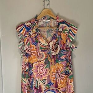 Avara Women’s Floral Blouse Size M Ruffle Sleeve Tassels Boho Romantic